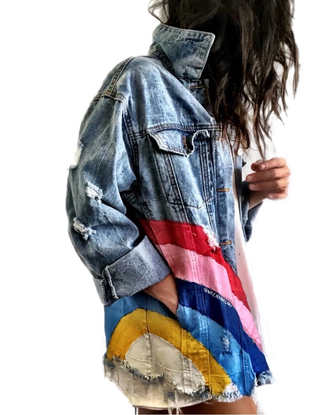 Wren+ Glory All We Need Is Love Distressed Denim Jacket Medium - Picture 2 of 8